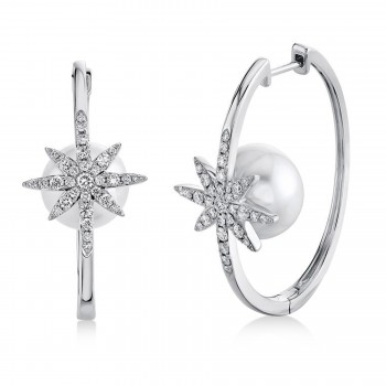 Diamond & Cultured Pearl Oval Hoop Earrings 14K White Gold (0.68ct)