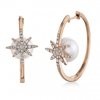 Diamond & Cultured Pearl Oval Hoop Earrings 14K Rose Gold (0.68ct)