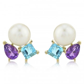 Cultured Pearl & Amethyst Blue Topaz Stud Earrings 14K Yellow Gold (1.57ct)