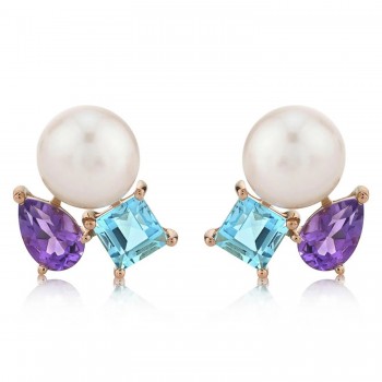 Cultured Pearl & Amethyst Blue Topaz Stud Earrings 14K Rose Gold (1.57ct)