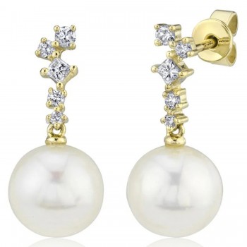 Diamond & Cultured Pearl Dangling Earrings 14K Yellow Gold (0.22ct)