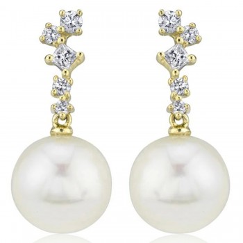 Diamond & Cultured Pearl Dangling Earrings 14K Yellow Gold (0.22ct)