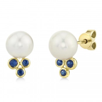 Blue Sapphire & Cultured Pearl Stud Earrings 14K Yellow Gold (0.21ct)