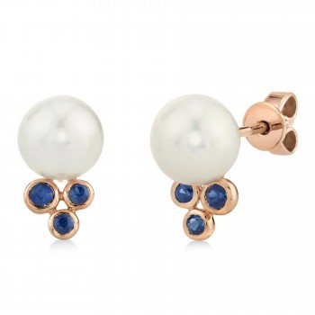 Blue Sapphire & Cultured Pearl Stud Earrings 14K Rose Gold (0.21ct)