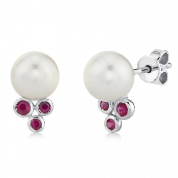 Ruby & Cultured Pearl Stud Earrings 14K White Gold (0.18ct)