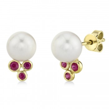 Ruby & Cultured Pearl Stud Earrings 14K Yellow Gold (0.18ct)