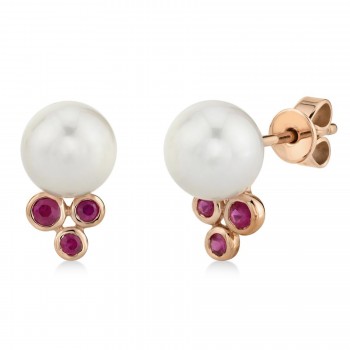 Ruby & Cultured Pearl Stud Earrings 14K Rose Gold (0.18ct)