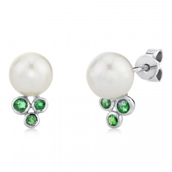 Emerald & Cultured Pearl Stud Earrings 14K White Gold (0.17ct)