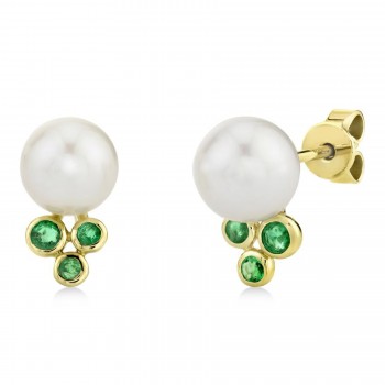 Emerald & Cultured Pearl Stud Earrings 14K Yellow Gold (0.17ct)