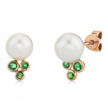 Emerald & Cultured Pearl Stud Earrings 14K Rose Gold (0.17ct)