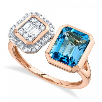 Diamond & Blue Topaz Toi Et Moi Baguette Ring 14K Rose Gold (3.27ct)