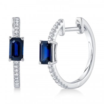 Diamond & Blue Sapphire Hoop Earrings 14K White Gold (0.87ct)