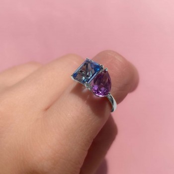 Amethyst & Blue Topaz Toi Et Moi Ring 14K White Gold (4.90ct)