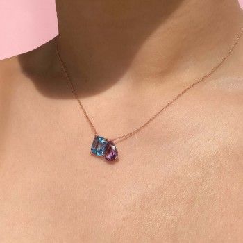 Amethyst & Blue Topaz Toi Et Moi Pendant Necklace 14K Rose Gold (4.89ct)