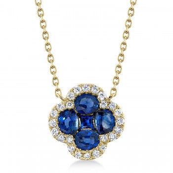 Diamond & Blue Sapphire Clover Pendant Necklace 14K Yellow Gold (1.30ct)