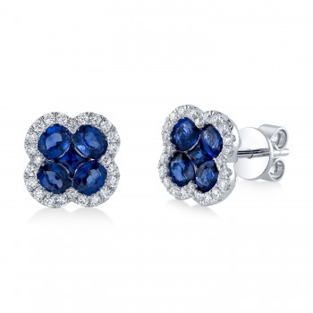 Diamond & Blue Sapphire Clover Stud Earrings 14K White Gold (2.64ct)