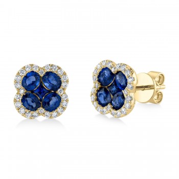 Diamond & Blue Sapphire Clover Stud Earring 14K Yellow Gold (2.64ct)