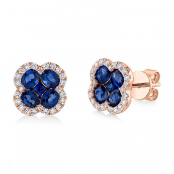 Diamond & Blue Sapphire Clover Stud Earring 14K Rose Gold (2.64ct)