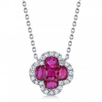 Diamond & Ruby Clover Pendant Necklace 14K White Gold (1.05ct)