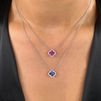 Diamond & Ruby Clover Pendant Necklace 14K White Gold (1.05ct)