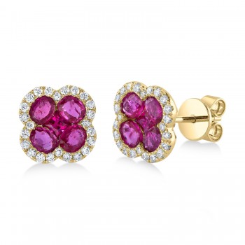 Diamond & Ruby Clover Stud Earrings 14K Yellow Gold (2.36ct)