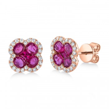 Diamond & Ruby Clover Stud Earrings 14K Rose Gold (2.36ct)