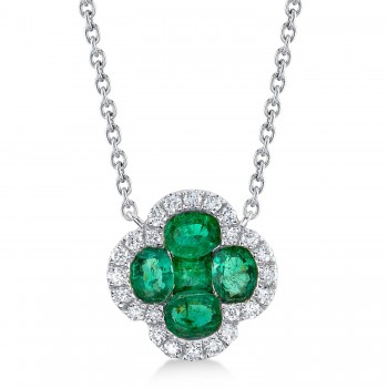 Diamond & Emerald Clover Pendant Necklace 14K White Gold (0.81ct)