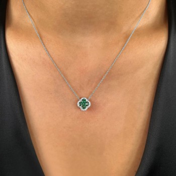 Diamond & Emerald Clover Pendant Necklace 14K White Gold (0.81ct)