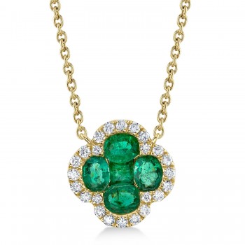 Diamond & Emerald Clover Pendant Necklace 14K Yellow Gold (0.81ct)