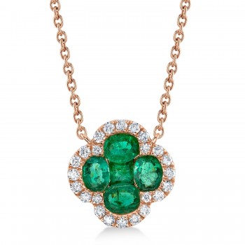 Diamond & Emerald Clover Pendant Necklace 14K Rose Gold (0.81ct)