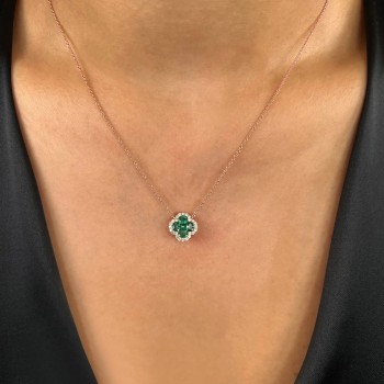 Diamond & Emerald Clover Pendant Necklace 14K Rose Gold (0.81ct)