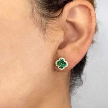 Diamond & Emerald Clover Stud Earrings 14K Yellow Gold (1.62ct)