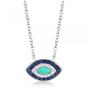 Turquoise & Diamond & Blue Sapphire Evil Eye Pendant Necklace 14k White Gold (0.25ct)