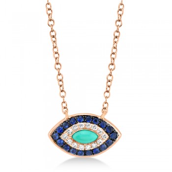 Turquoise & Diamond & Blue Sapphire Evil Eye Pendant Necklace 14k Rose Gold (0.25ct)