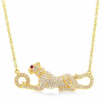 Diamond & Ruby Panther Pendant Necklace 14K Yellow Gold (0.40ct)