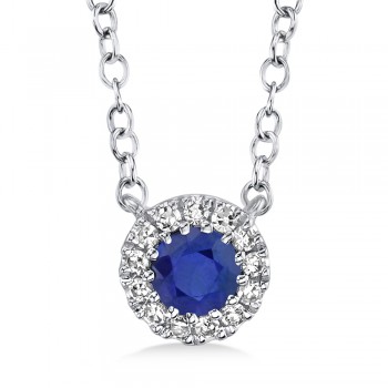 Diamond & Blue Sapphire Halo Pendant Necklace 14k White Gold (0.18ct)