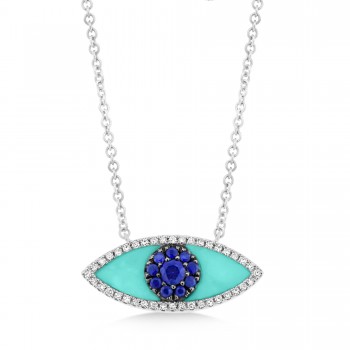 Turquoise & Blue Sapphire & Diamond Evil Eye Pendant Necklace 14k White Gold (0.74ct)