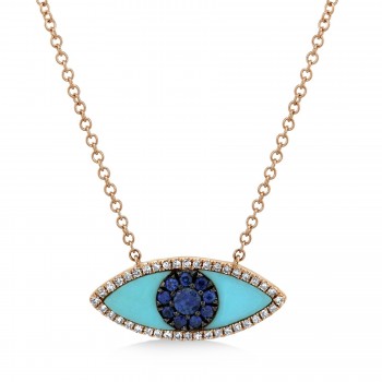 Turquoise & Blue Sapphire & Diamond Evil Eye Pendant Necklace 14k Rose Gold (0.74ct)