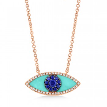 Turquoise & Blue Sapphire & Diamond Evil Eye Pendant Necklace 14k Rose Gold (0.74ct)