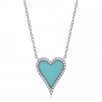 Diamond & Turquoise Heart Pendant Necklace 14K White Gold (0.78ct)