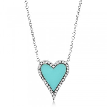 Diamond & Composite Turquoise Heart Pendant Necklace 14k White Gold (0.78ct)