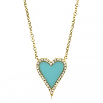 Diamond & Turquoise Heart Pendant Necklace 14K Yellow Gold (0.78ct)