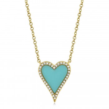 Diamond & Turquoise Heart Pendant Necklace 14K Yellow Gold (0.78ct)