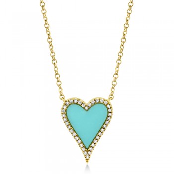 Diamond & Composite Turquoise Heart Pendant Necklace 14k Yellow Gold (0.78ct)