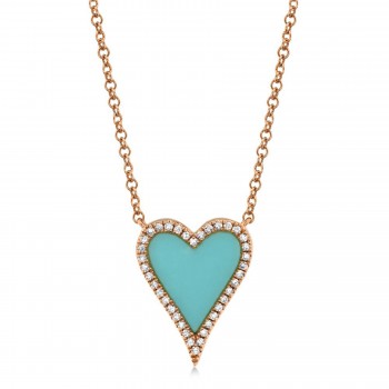 Diamond & Turquoise Heart Pendant Necklace 14K Rose Gold (0.78ct)
