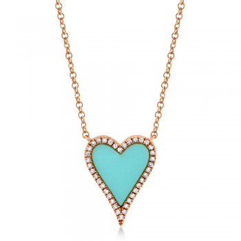 Diamond & Composite Turquoise Heart Pendant Necklace 14k Rose Gold (0.78ct)
