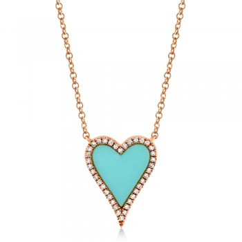 Diamond & Composite Turquoise Heart Pendant Necklace 14k Rose Gold (0.78ct)