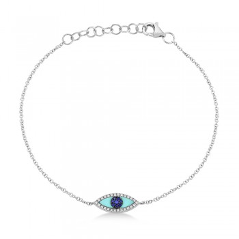 Turquoise & Diamond & Blue Sapphire Evil Eye Bracelet 14k White Gold (0.26ct)