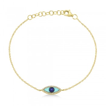 Turquoise & Diamond & Blue Sapphire Evil Eye Bracelet 14k Yellow Gold (0.26ct)