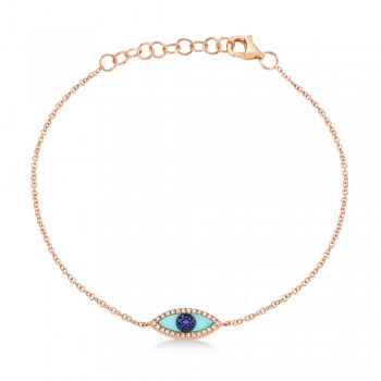 Turquoise & Diamond & Blue Sapphire Evil Eye Bracelet 14k Rose Gold (0.26ct)